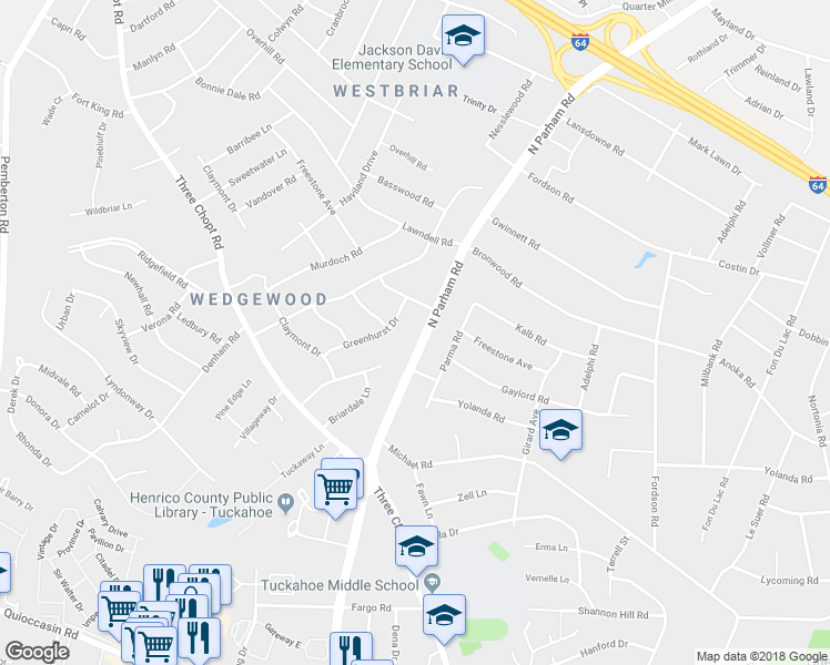 map of restaurants, bars, coffee shops, grocery stores, and more near 1932 North Parham Road in Henrico