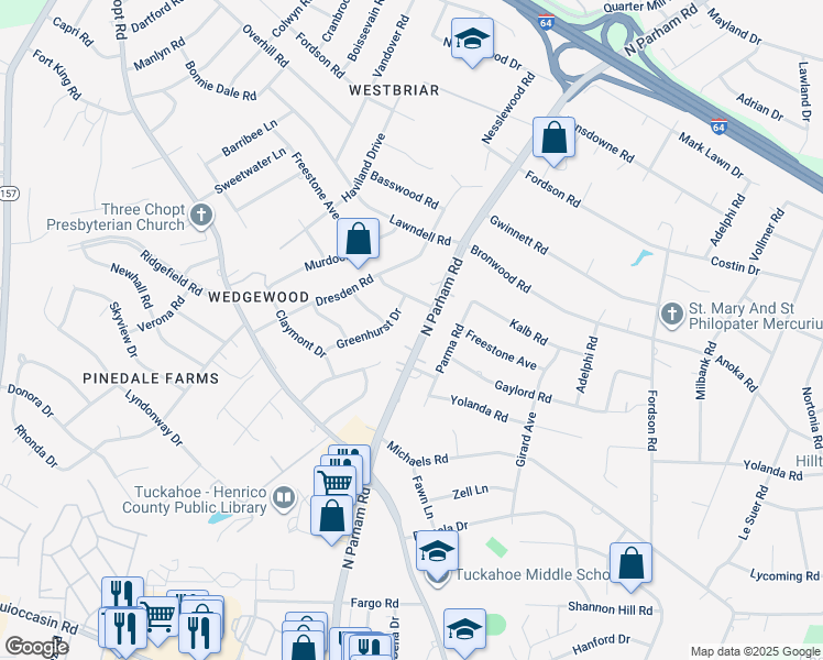 map of restaurants, bars, coffee shops, grocery stores, and more near 1932 North Parham Road in Henrico