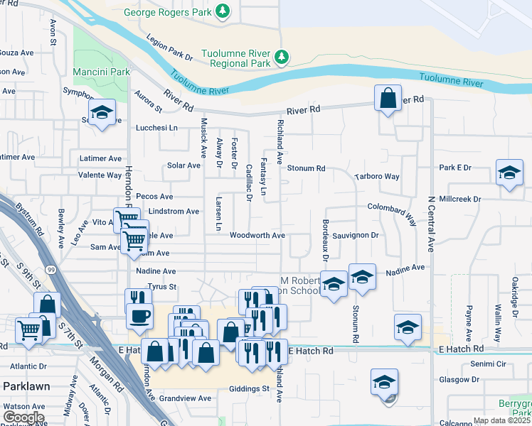 map of restaurants, bars, coffee shops, grocery stores, and more near 1643 Verdea Court in Modesto