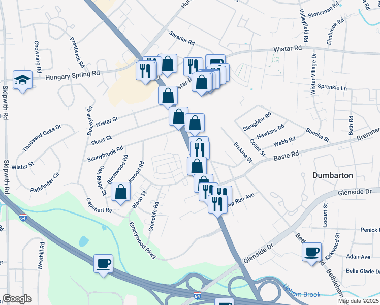 map of restaurants, bars, coffee shops, grocery stores, and more near 7411 West Broad Street in Richmond