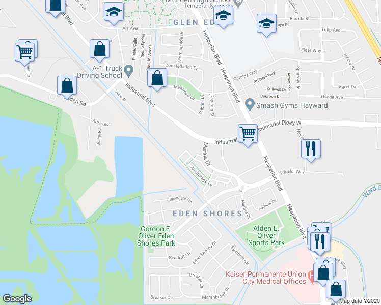 map of restaurants, bars, coffee shops, grocery stores, and more near 2511 Coldstream Way in Hayward
