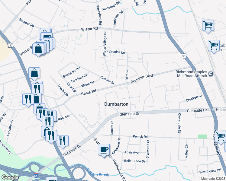 map of restaurants, bars, coffee shops, grocery stores, and more near 5020 Sulky Drive in Richmond