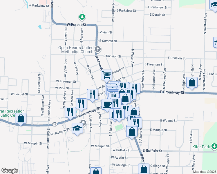 map of restaurants, bars, coffee shops, grocery stores, and more near 215 North Main Avenue in Bolivar