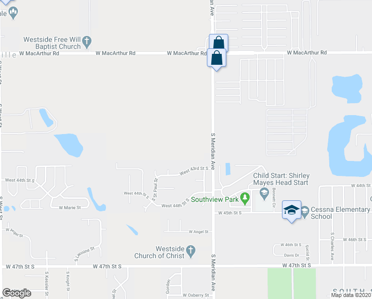 map of restaurants, bars, coffee shops, grocery stores, and more near 4339 South Meridian Avenue in Wichita