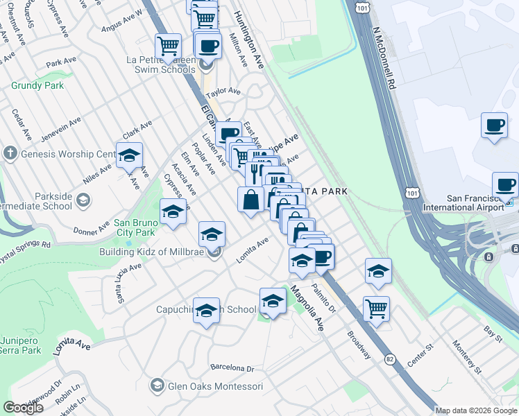 map of restaurants, bars, coffee shops, grocery stores, and more near 110 Linden Avenue in San Bruno