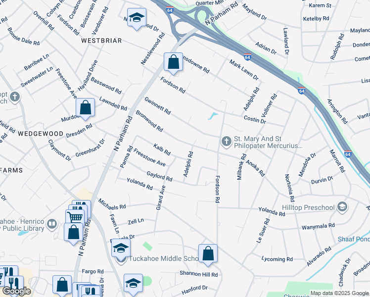 map of restaurants, bars, coffee shops, grocery stores, and more near 8303 Bronwood Road in Richmond