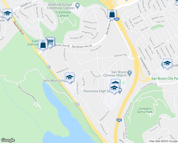 map of restaurants, bars, coffee shops, grocery stores, and more near 2421 Rosewood Drive in San Bruno