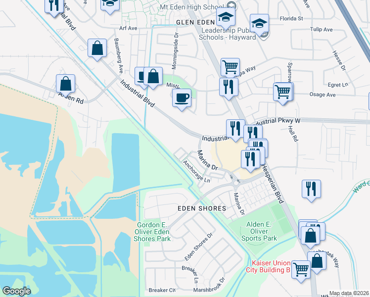 map of restaurants, bars, coffee shops, grocery stores, and more near 28514 Gulfport Circle in Hayward