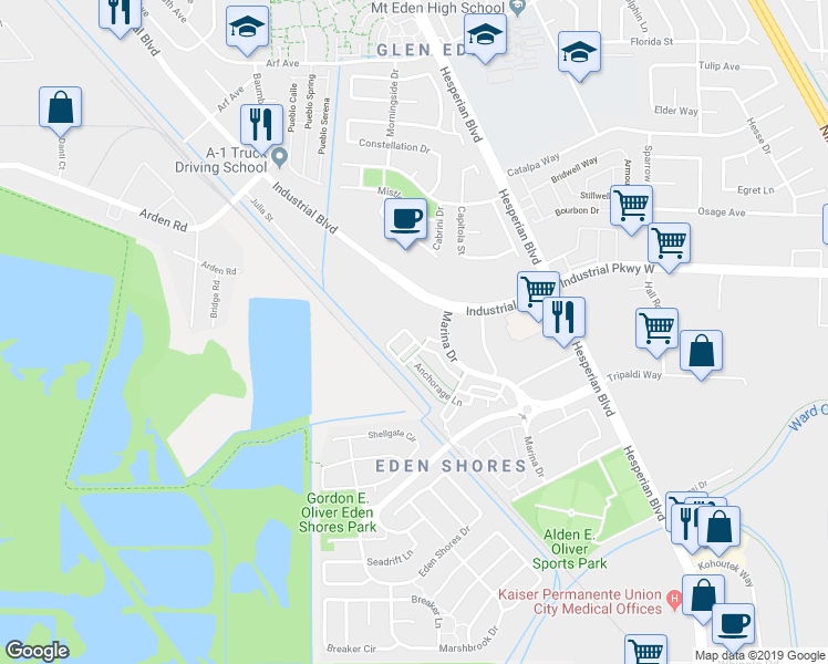 map of restaurants, bars, coffee shops, grocery stores, and more near 28514 Gulfport Circle in Hayward