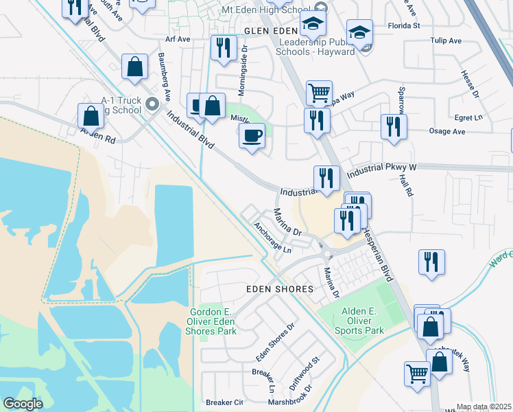 map of restaurants, bars, coffee shops, grocery stores, and more near 28514 Gulfport Circle in Hayward