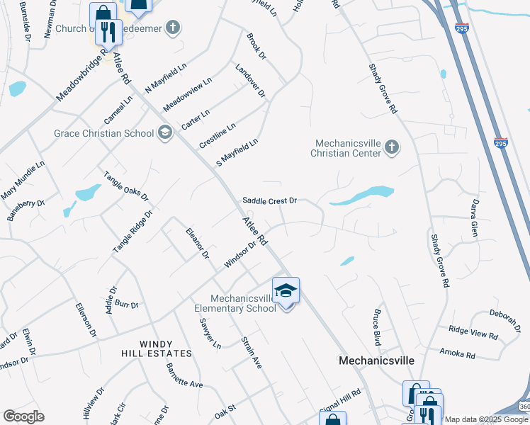 map of restaurants, bars, coffee shops, grocery stores, and more near 7516 Shadow Lands Court in Mechanicsville