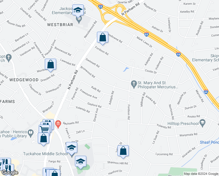 map of restaurants, bars, coffee shops, grocery stores, and more near 8303 Bronwood Road in Richmond