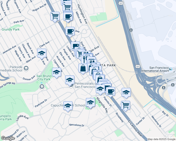 map of restaurants, bars, coffee shops, grocery stores, and more near 121 El Camino Real in San Bruno