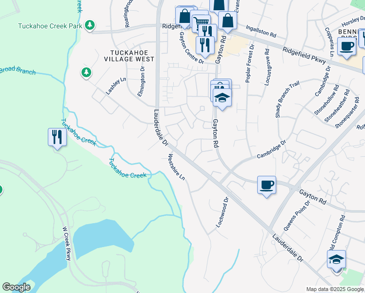 map of restaurants, bars, coffee shops, grocery stores, and more near 2180 Kingsbrook Drive in Richmond