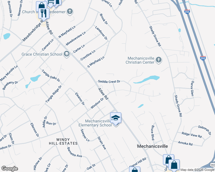 map of restaurants, bars, coffee shops, grocery stores, and more near 7516 Shadow Lands Court in Mechanicsville