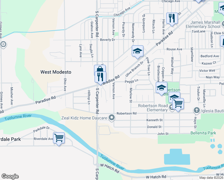 map of restaurants, bars, coffee shops, grocery stores, and more near 1116 Manor Drive in Modesto
