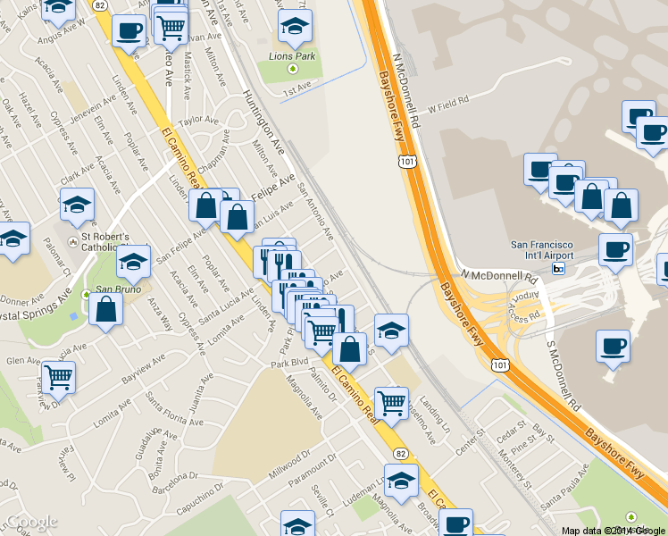 map of restaurants, bars, coffee shops, grocery stores, and more near 230 San Benito Avenue in San Bruno