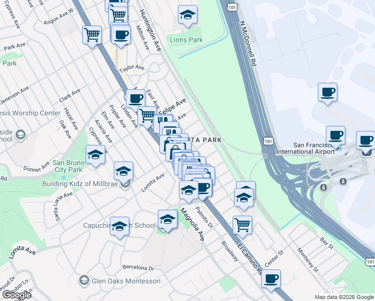 map of restaurants, bars, coffee shops, grocery stores, and more near 540 San Anselmo Avenue South in San Bruno