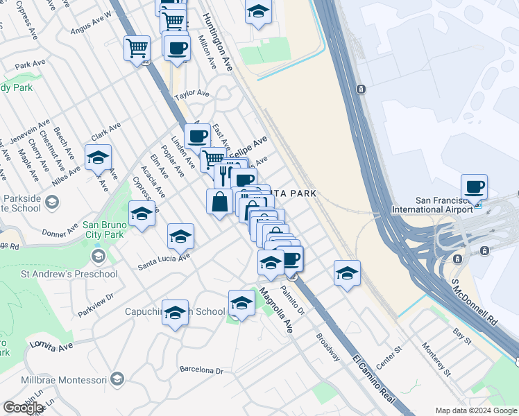 map of restaurants, bars, coffee shops, grocery stores, and more near in San Bruno