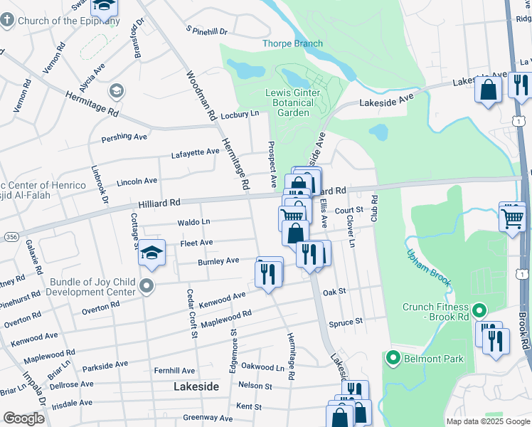 map of restaurants, bars, coffee shops, grocery stores, and more near 2115 Hilliard Road in Richmond