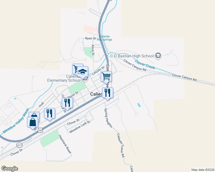 map of restaurants, bars, coffee shops, grocery stores, and more near 100 North Spring Street in Caliente