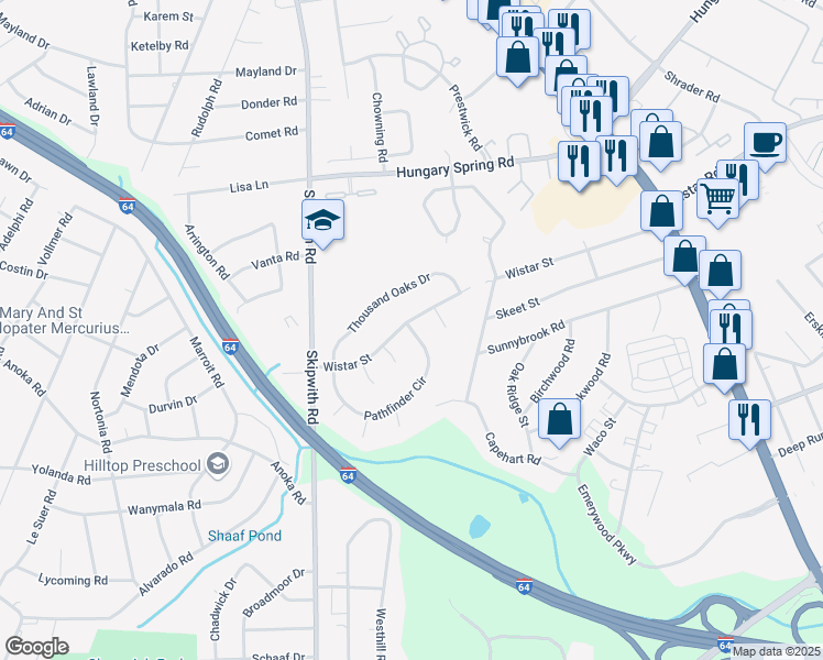 map of restaurants, bars, coffee shops, grocery stores, and more near 2340 Pathfinder Circle in Henrico