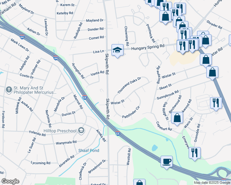 map of restaurants, bars, coffee shops, grocery stores, and more near 2308 Thousand Oaks Drive in Richmond