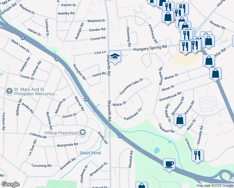 map of restaurants, bars, coffee shops, grocery stores, and more near 2308 Thousand Oaks Drive in Richmond