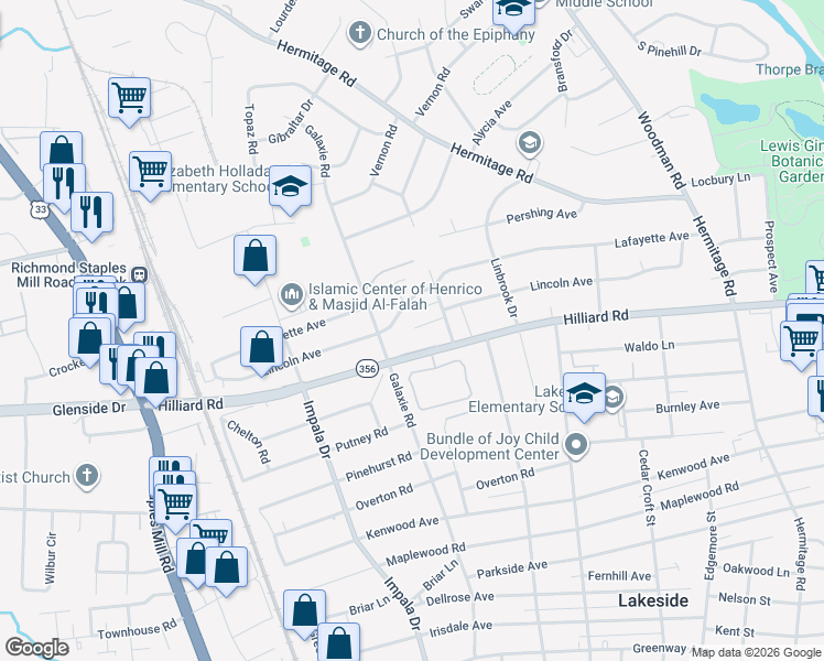 map of restaurants, bars, coffee shops, grocery stores, and more near 7001 Galaxie Road in Henrico