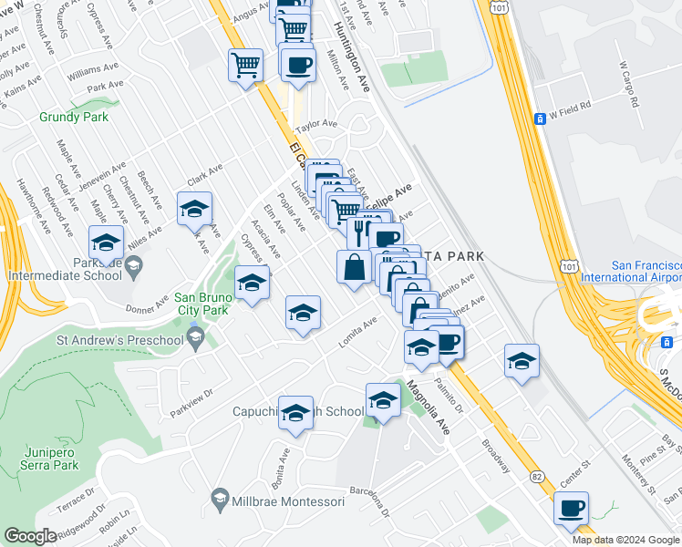 map of restaurants, bars, coffee shops, grocery stores, and more near 2 San Bruno Avenue West in San Bruno