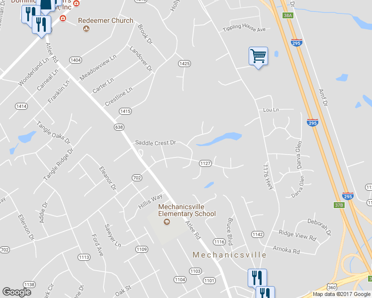 map of restaurants, bars, coffee shops, grocery stores, and more near 8077 Saddle Crest Drive in Mechanicsville