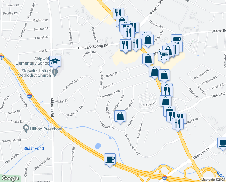 map of restaurants, bars, coffee shops, grocery stores, and more near 2414 Sunnybrook Road in Richmond