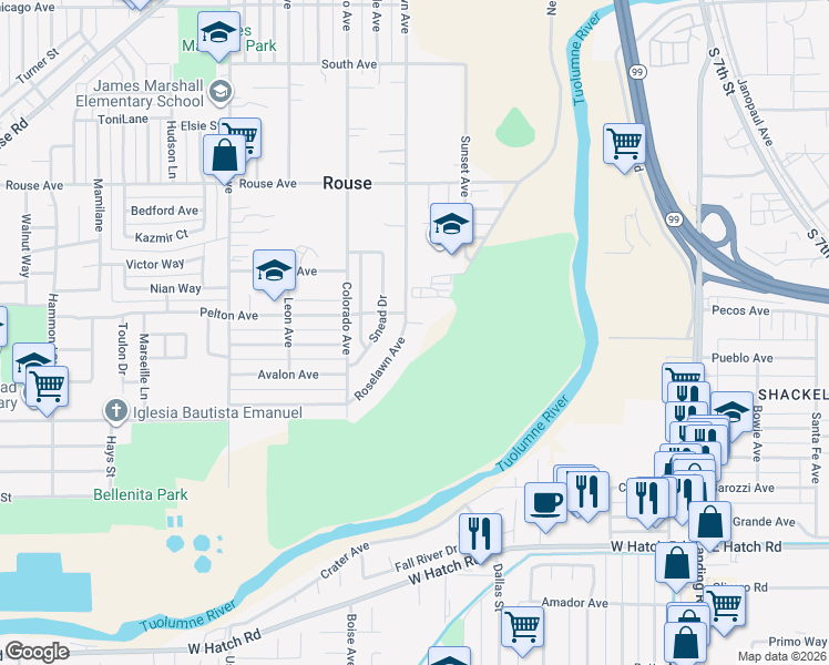 map of restaurants, bars, coffee shops, grocery stores, and more near 1021 Roselawn Avenue in Modesto