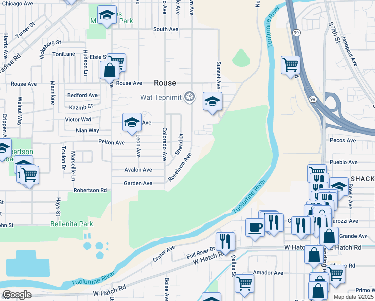 map of restaurants, bars, coffee shops, grocery stores, and more near 1021 Roselawn Avenue in Modesto