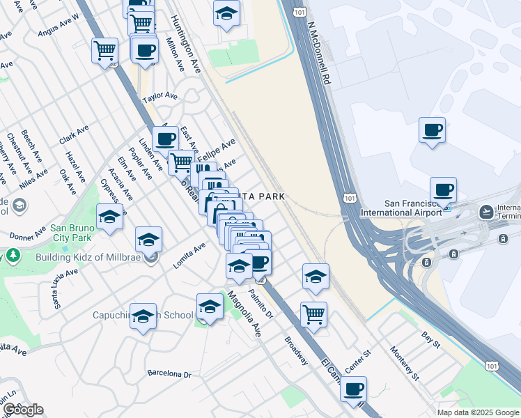 map of restaurants, bars, coffee shops, grocery stores, and more near 540 San Anselmo Avenue South in San Bruno