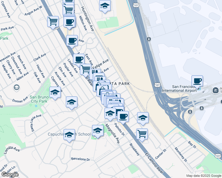 map of restaurants, bars, coffee shops, grocery stores, and more near 540 San Anselmo Avenue South in San Bruno