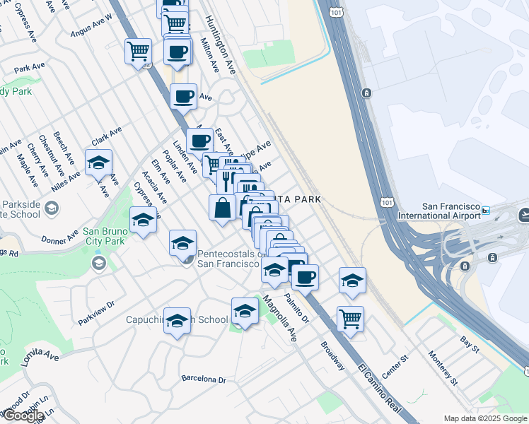 map of restaurants, bars, coffee shops, grocery stores, and more near in San Bruno