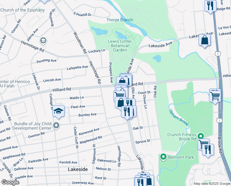 map of restaurants, bars, coffee shops, grocery stores, and more near 2115 Hilliard Road in Richmond