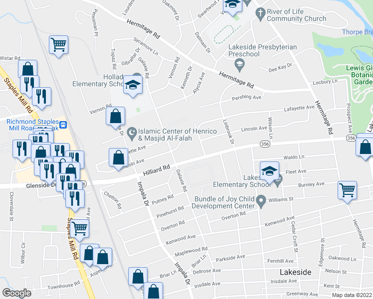 map of restaurants, bars, coffee shops, grocery stores, and more near 7001 Galaxie Road in Henrico
