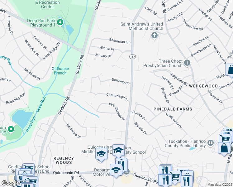 map of restaurants, bars, coffee shops, grocery stores, and more near 9514 Chatterleigh Drive in Henrico