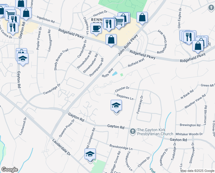 map of restaurants, bars, coffee shops, grocery stores, and more near 10702 Baypines Lane in Richmond