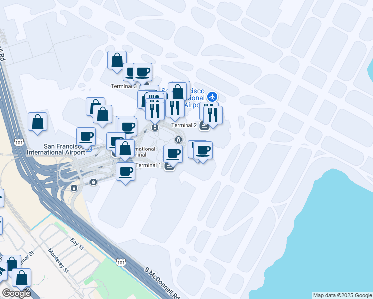 map of restaurants, bars, coffee shops, grocery stores, and more near 334 Domestic Terminals Departures Level in San Francisco