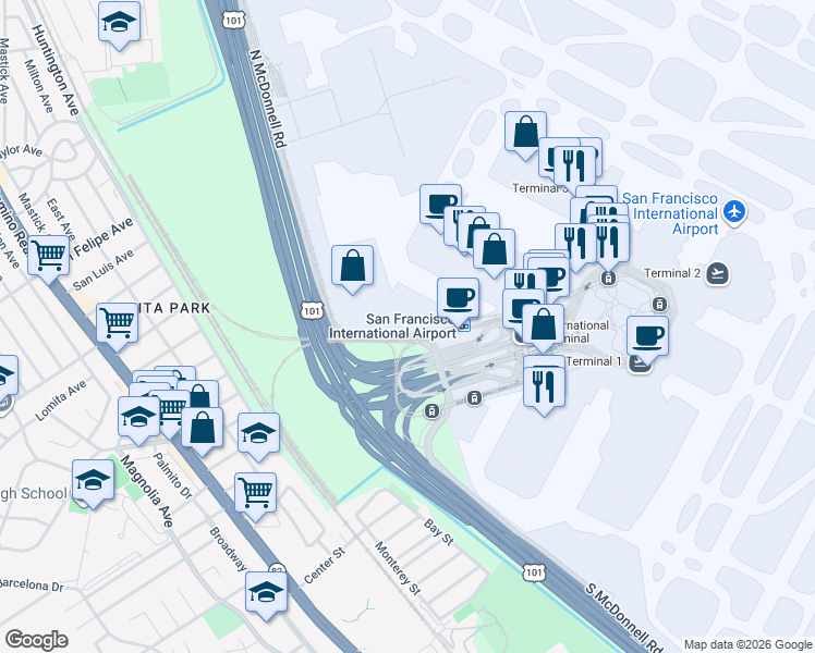 map of restaurants, bars, coffee shops, grocery stores, and more near 575 North McDonnell Road in San Francisco