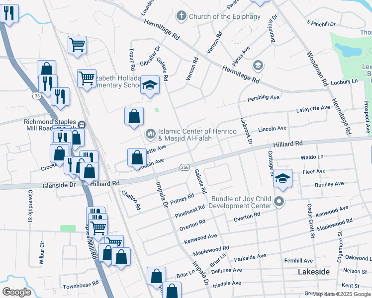 map of restaurants, bars, coffee shops, grocery stores, and more near 2900 Lincoln Ave in Henrico
