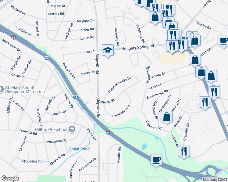 map of restaurants, bars, coffee shops, grocery stores, and more near 2313 Thousand Oaks Drive in Richmond