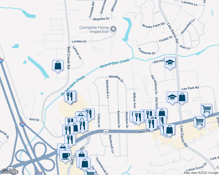 map of restaurants, bars, coffee shops, grocery stores, and more near 7996 Wynbrook Lane in Mechanicsville