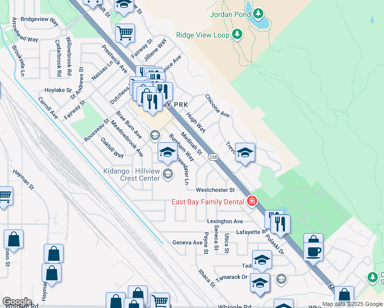 map of restaurants, bars, coffee shops, grocery stores, and more near 31576 Burnham Way in Hayward