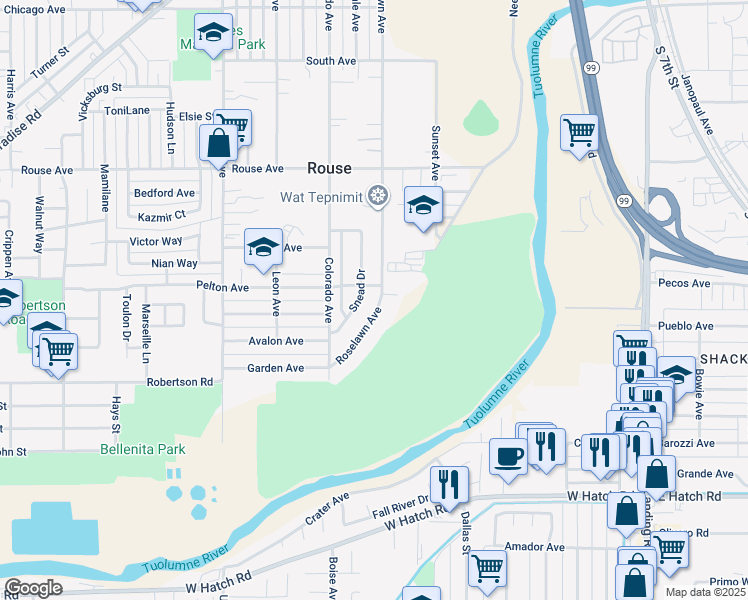 map of restaurants, bars, coffee shops, grocery stores, and more near 1021 Roselawn Avenue in Modesto