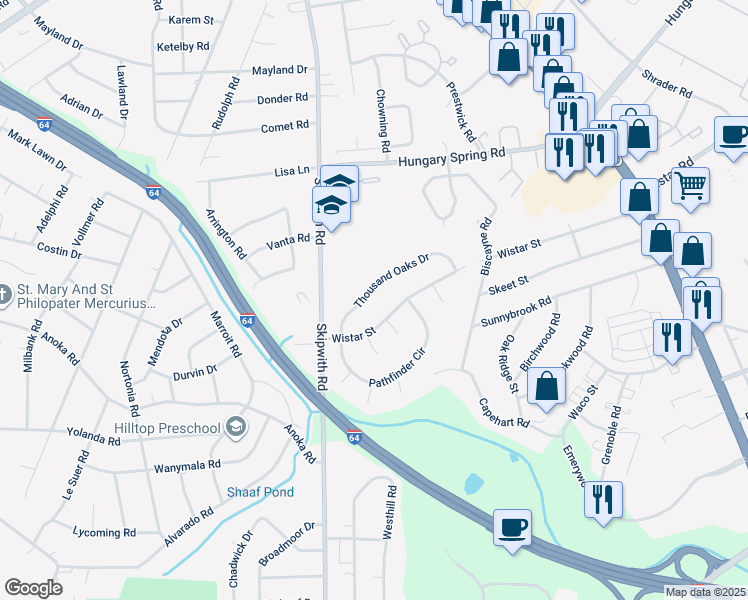 map of restaurants, bars, coffee shops, grocery stores, and more near 2313 Thousand Oaks Drive in Richmond