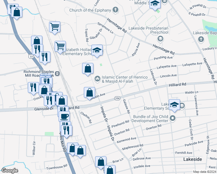 map of restaurants, bars, coffee shops, grocery stores, and more near 2913 Lafayette Avenue in Richmond